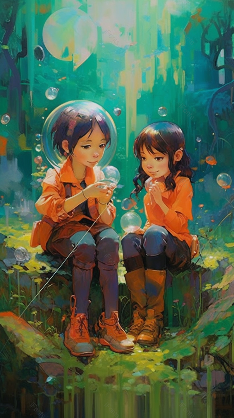 唯美动漫儿童节六一春游游玩探险绿色森林背景,插画/手绘图,插画/手绘图库,插画/手绘图下载,插画/手绘